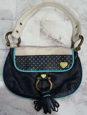 GAP Navy and Cream Shoulder Bag with Turquoise Trim, Y2K